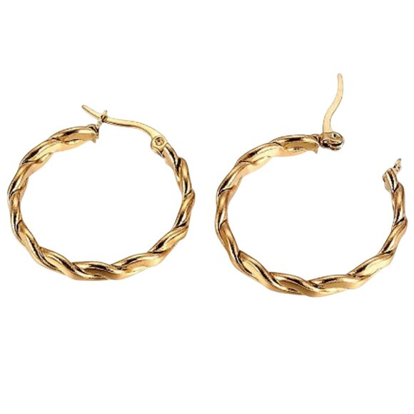 1 1/8 Inch 31mm Braided Hoop Pierced Post Earrings Gold Tone 3mm Wide Band - Picture 4 of 5
